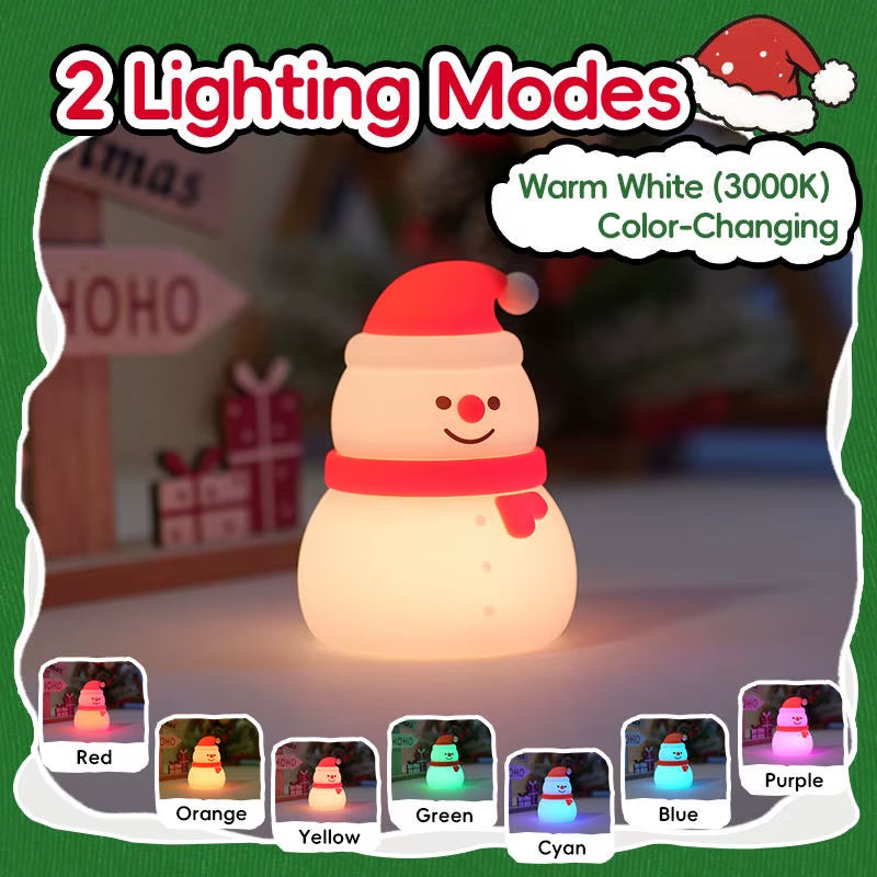 Christmas Silicone Nightlight 7Color Novelty Ambient Lamp Touch Control Rechargeable Hanging Snowman Socks Bedside Holiday Decor