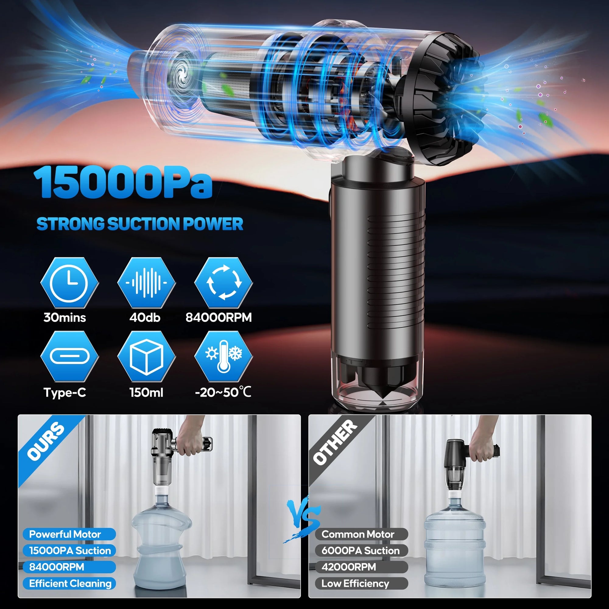 Cordless Handheld Vacuum Cleaner, Small Portable Car Vacuum Cleaner with Window Breaker, 15000Pa Powerful 3-In-1 Portable Handheld Vacuum for Home, Pet and Car